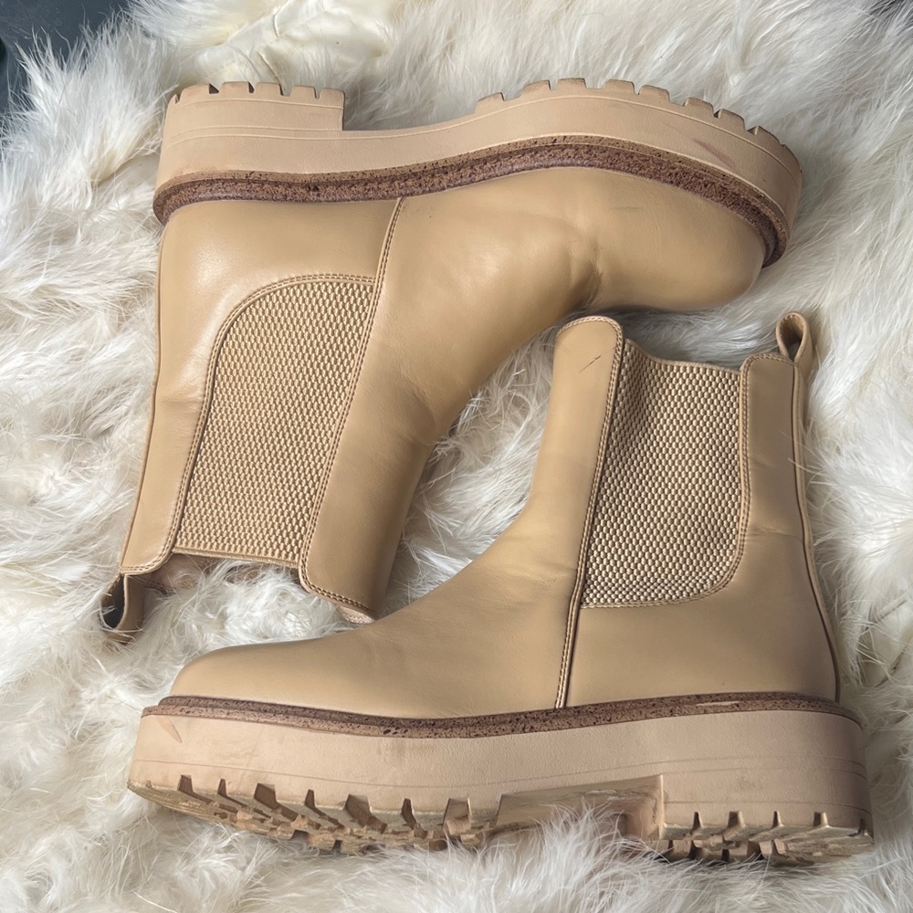 Womens Nude Beige Tan Leather Rubber Platform Chelsea Rain Boots Booties Hike6.5